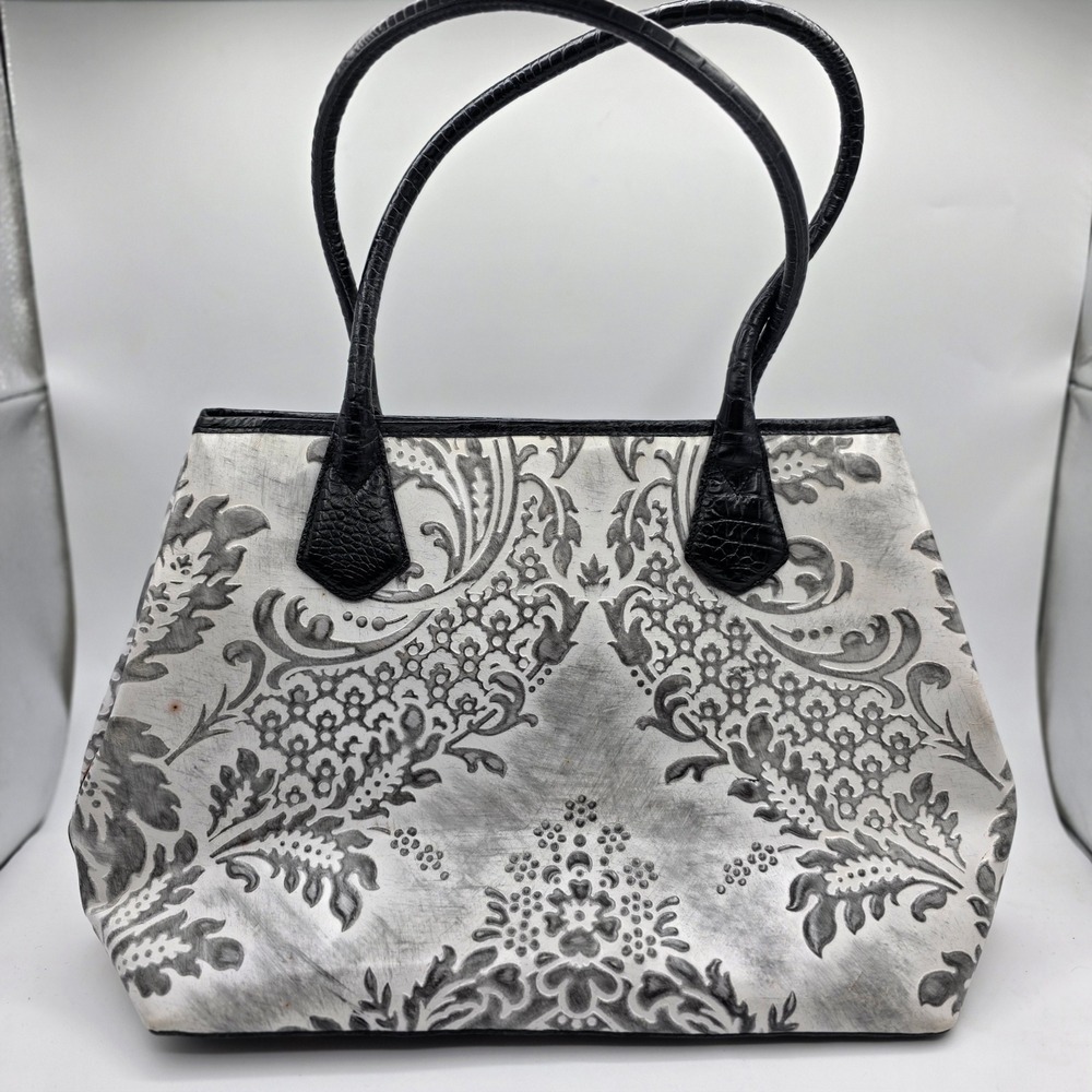 Brahmin Anytime Tote White Damask Embossed Leather Shoulder Bag Black Trim